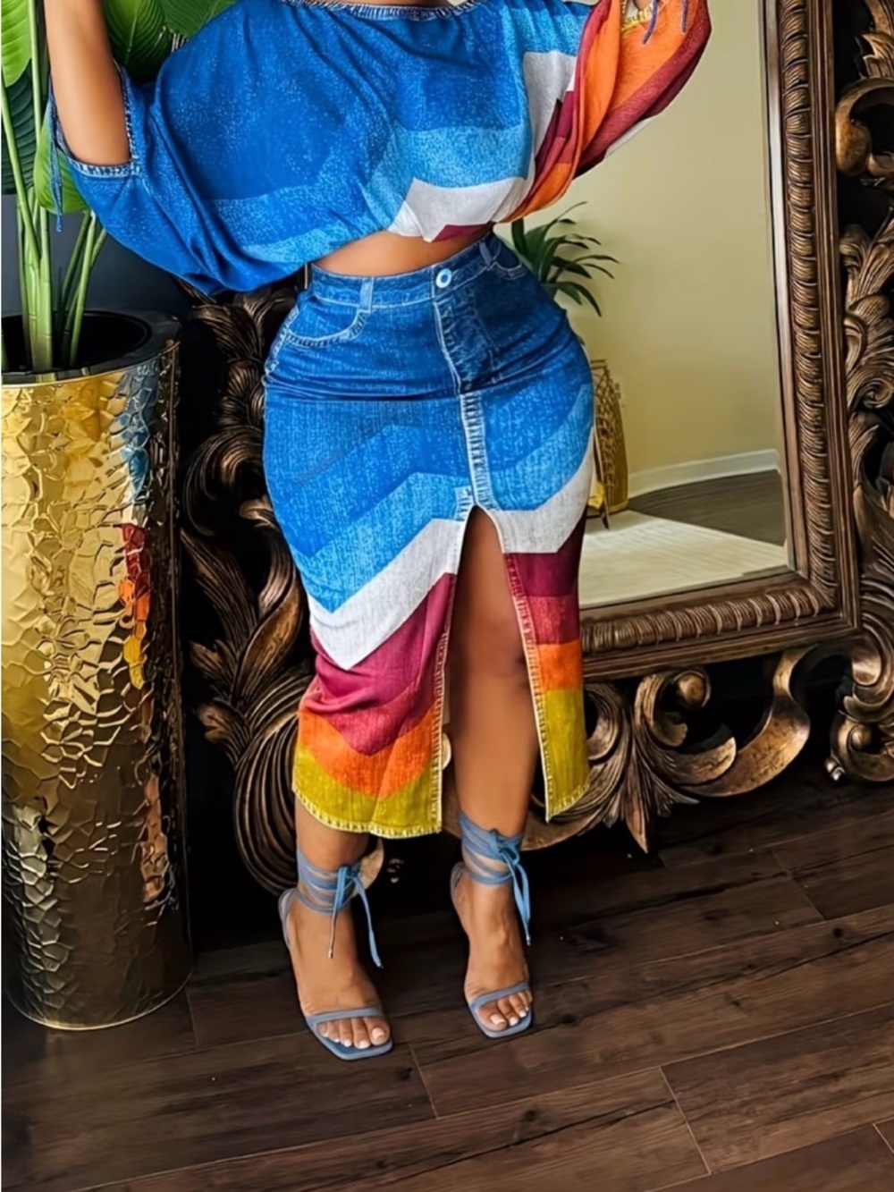 High-Rise Multicolor Panel Denim Skirt